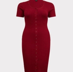 Torrid Ribbed Button-Front Midi Dress in Rich Red